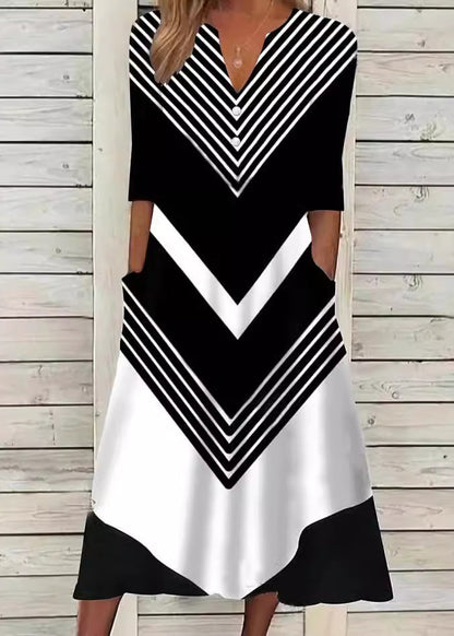 Black V Neck Striped Cotton Long Dresses Summer