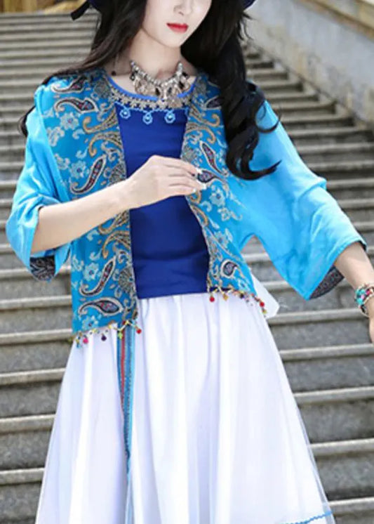 Blue V Neck Print Tassel Cardigan Summer