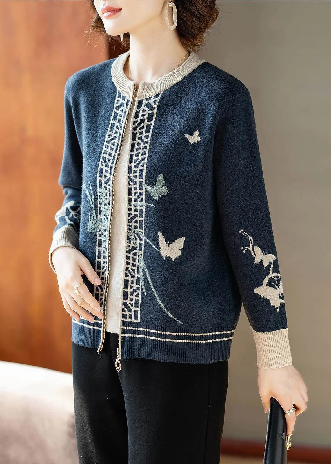 Blue O-neck Print Knitted Cotton Cardigans Fall
