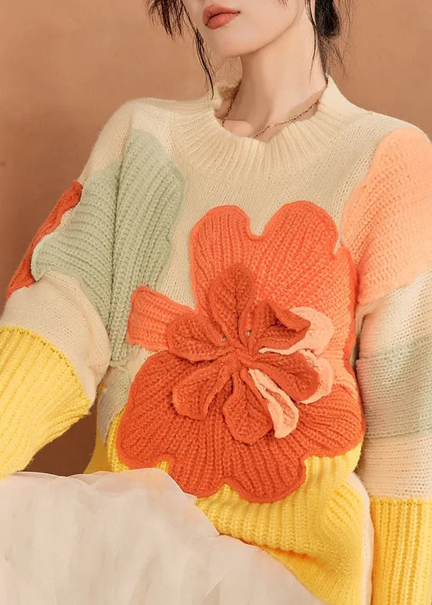 French Multicolor O-neck Knit Sweaters Winter