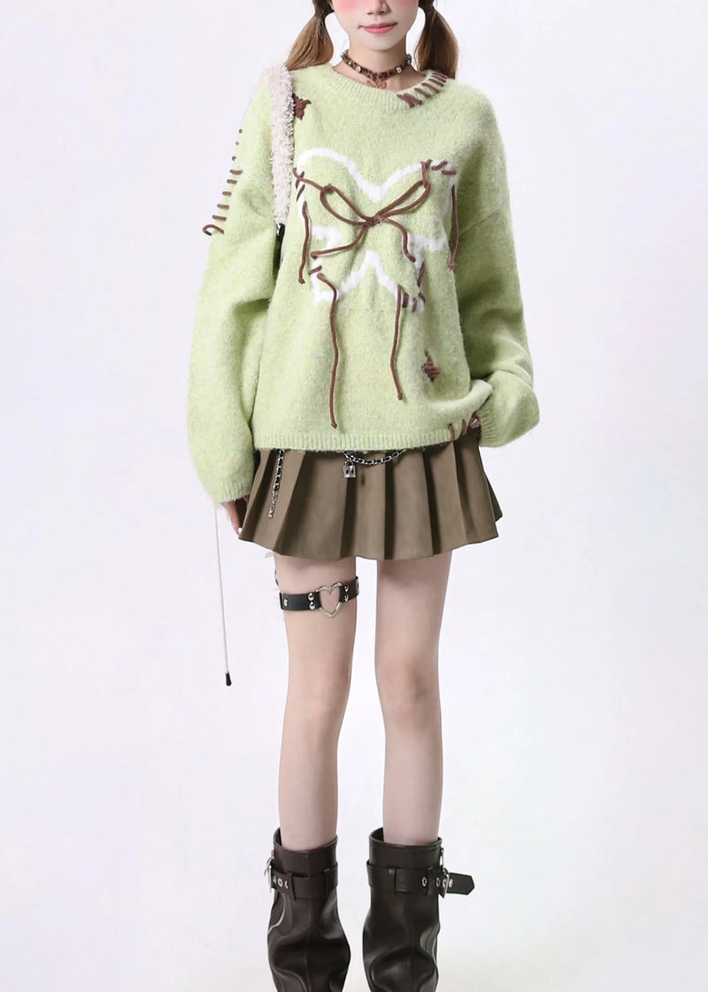 Novelty Green O Neck Lace Up Knit Sweaters Spring
