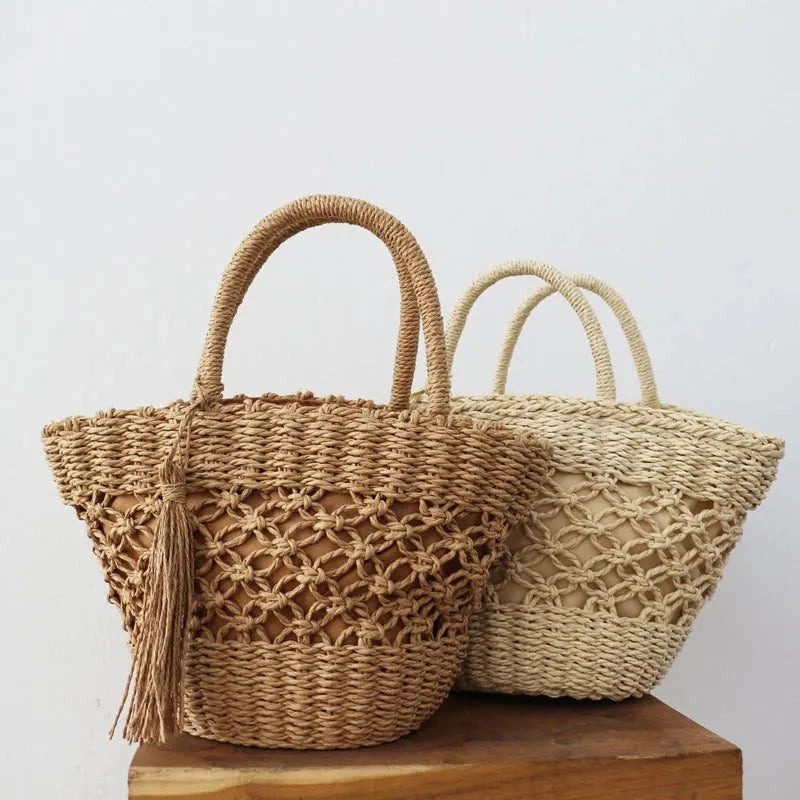 Summer New Hot Basket Woven Straw Braided With Top Handle Handbags Shopping Party Bucket Clutch