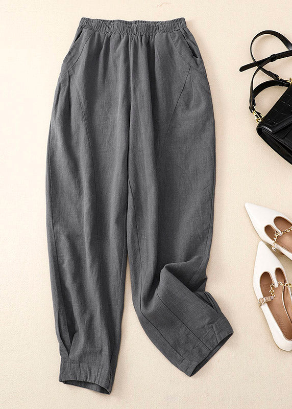 Yellow Patchwork Elastic Waist Linen Wide Leg Pants Summer