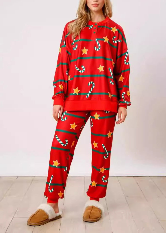Red Print Tops and Pants Cotton Two Pieces Set Winter