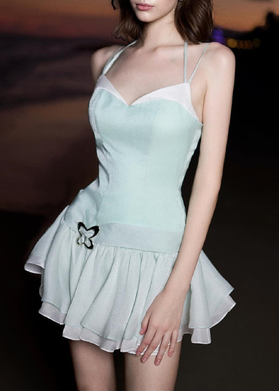 Green V Neck Zippered Patchwork Cotton Spaghetti Strap Dress Sleeveless