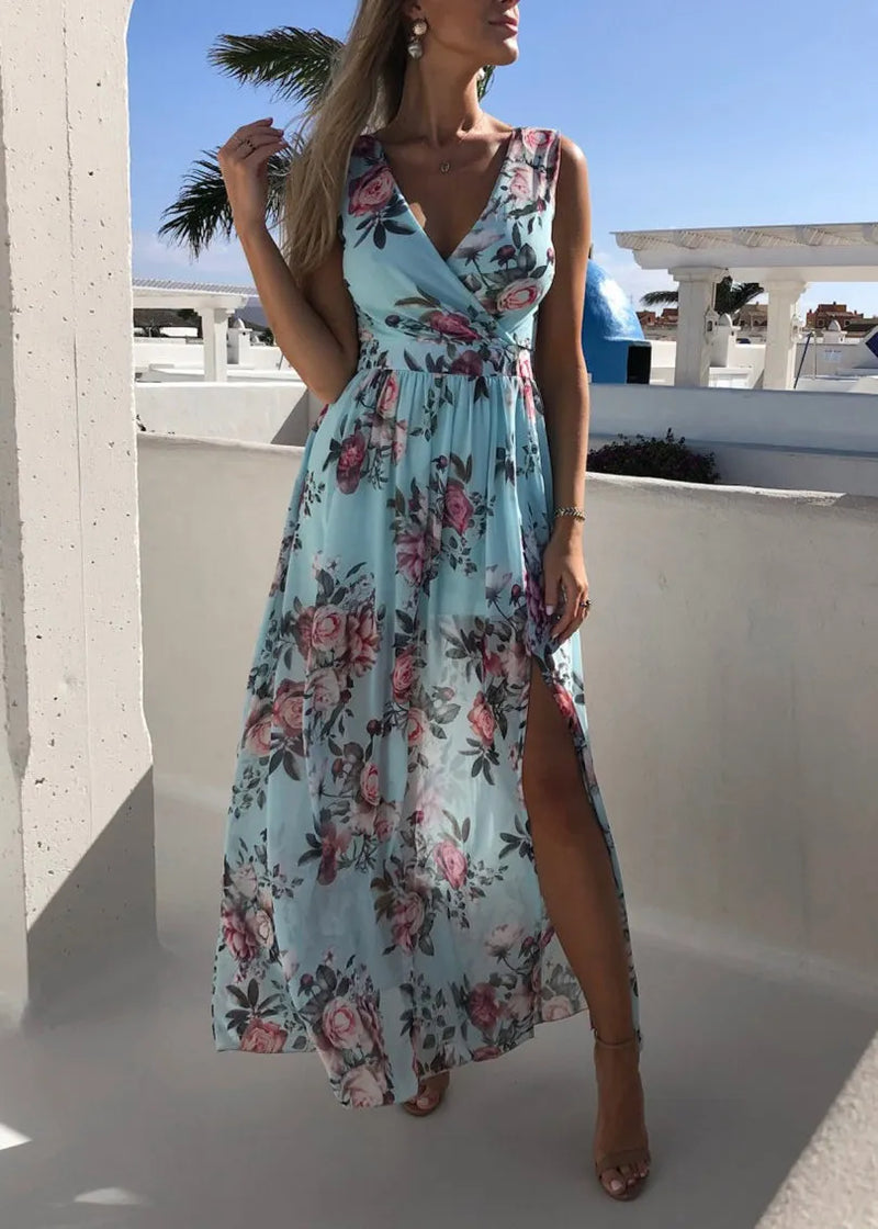 New Light Blue V Neck Print Side Open Chiffon Dresses Sleeveless