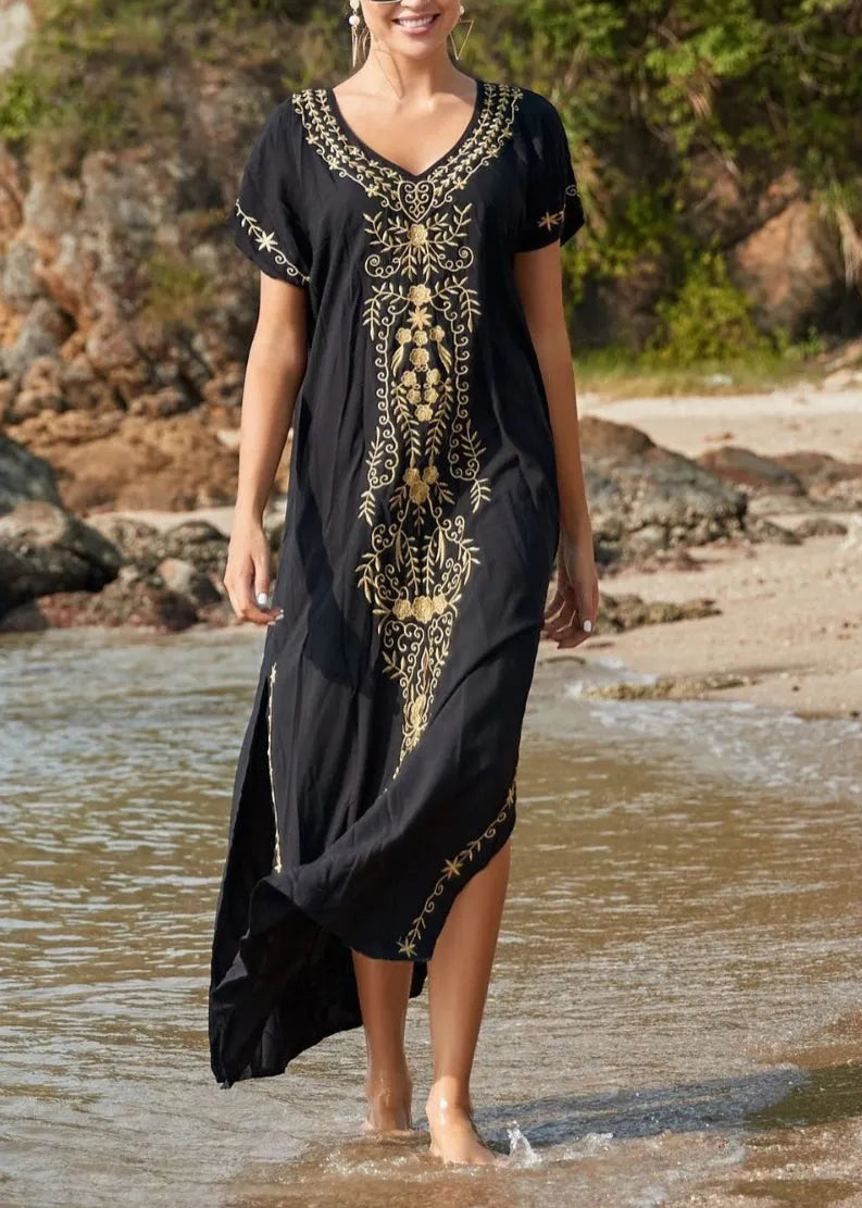 Handmade Black Embroidered Cotton Long Dress Summer