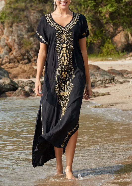 Handmade Black Embroidered Cotton Long Dress Summer