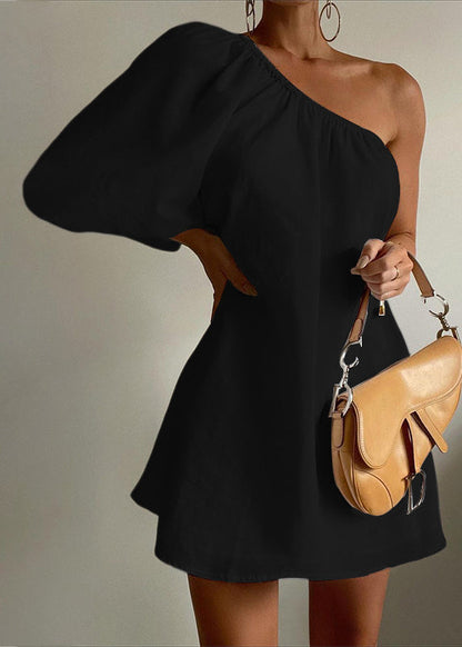 Stylish White One Shoulder Cotton Mid Dresses Puff Sleeve