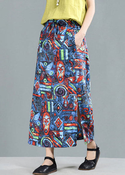 Blue Elastic Waist Pockets Print Linen a Line Skirt Summer