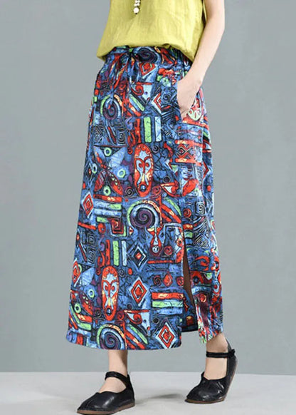 Blue Elastic Waist Pockets Print Linen a Line Skirt Summer