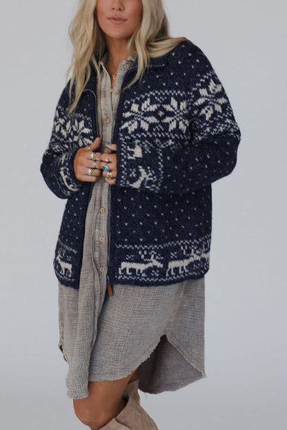 Christmas Snowflake Moose Zip Long-Sleeve Sweater