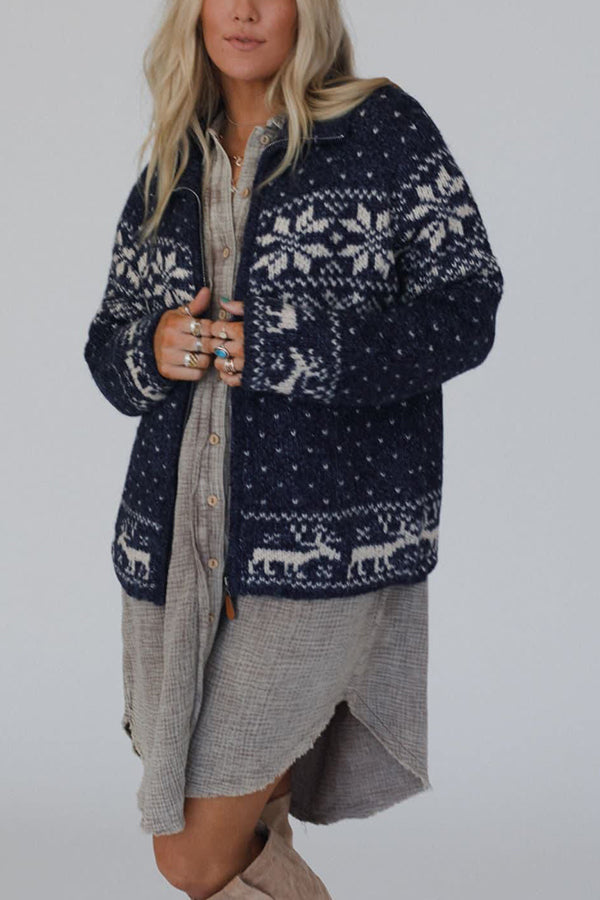 Christmas Snowflake Moose Zip Long-Sleeve Sweater