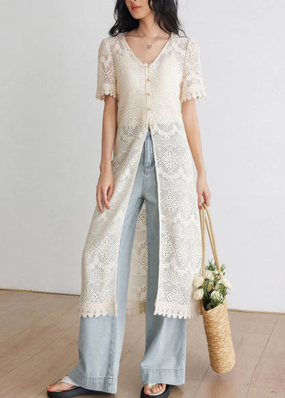 Art Beige V Neck Hollow Out Long Knit Cardigans Summer