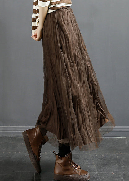 Coffee Wrinkled Elastic Waist Tulle Skirt Fall