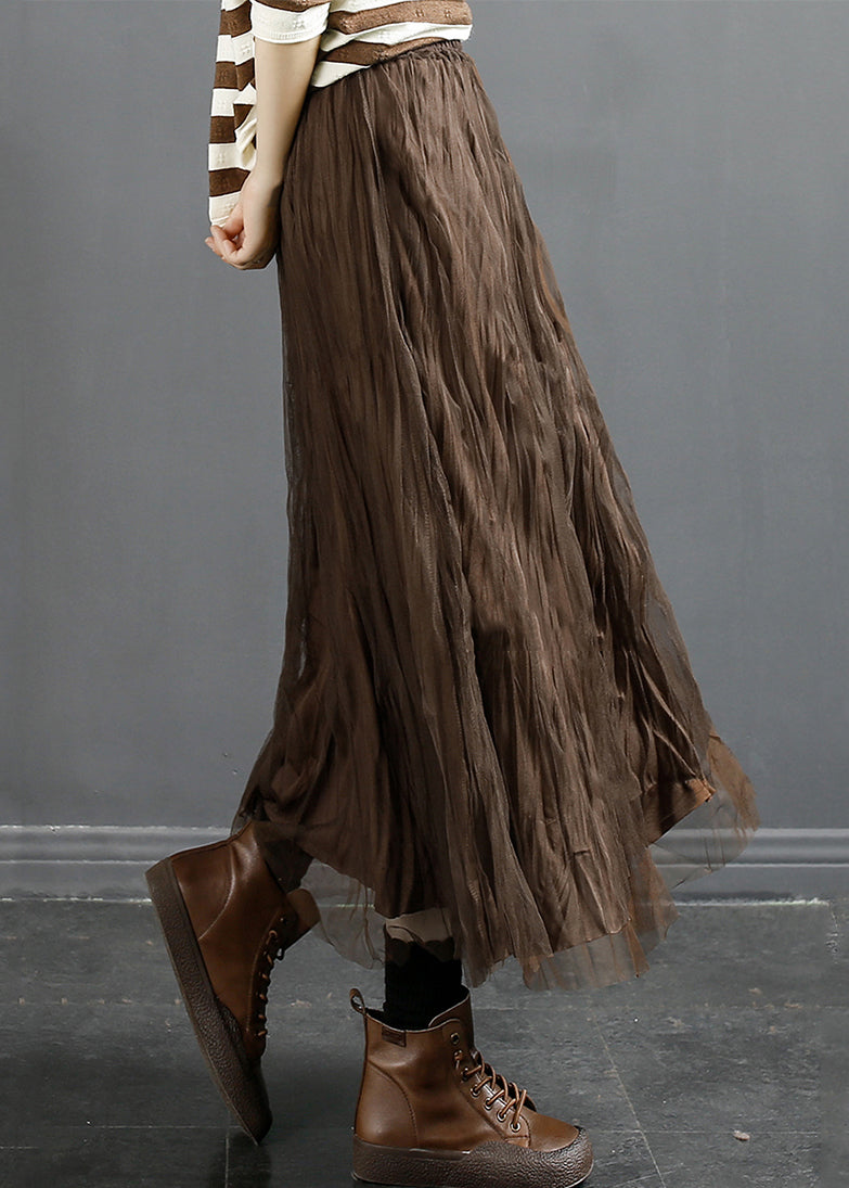 Coffee Wrinkled Elastic Waist Tulle Skirt Fall