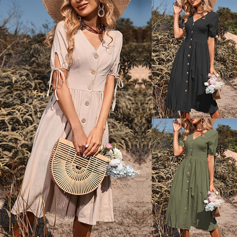 Short Sleeve V-neck Plain Cotton and Linen Dress