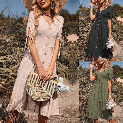 Short Sleeve V-neck Plain Cotton and Linen Dress