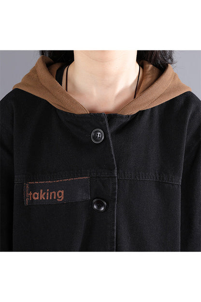 Hooded Patchwork Hooded Denim Jacket Long