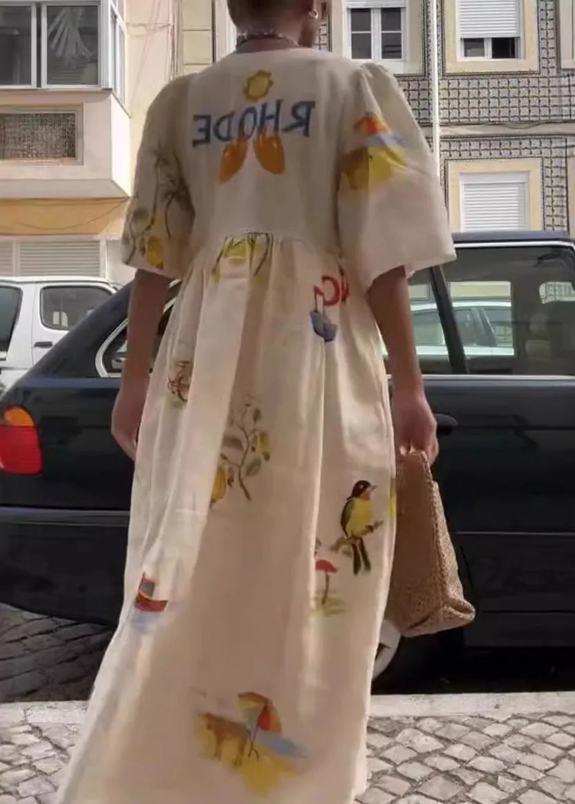 Unique White V Neck Print Button Cotton Long Dresses Summer