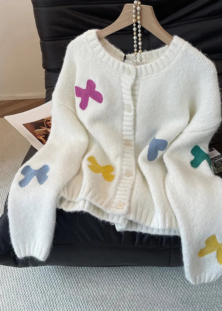 White Bow Button Cozy Wool Knit Cardigan Fall