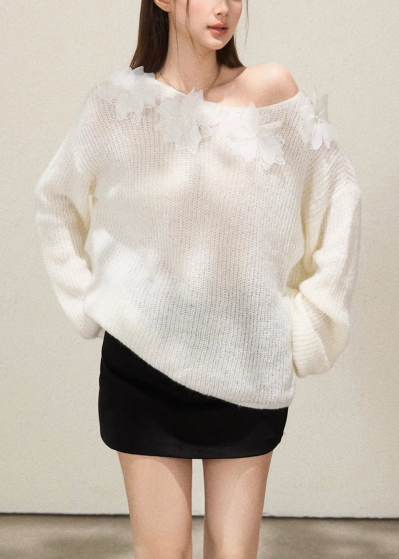 White Oversized Decorated Knit Tops Fall