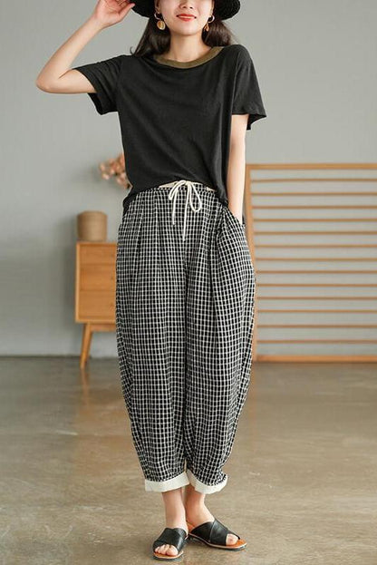 Cotton Linen Plaid Cinched Pocket Pants