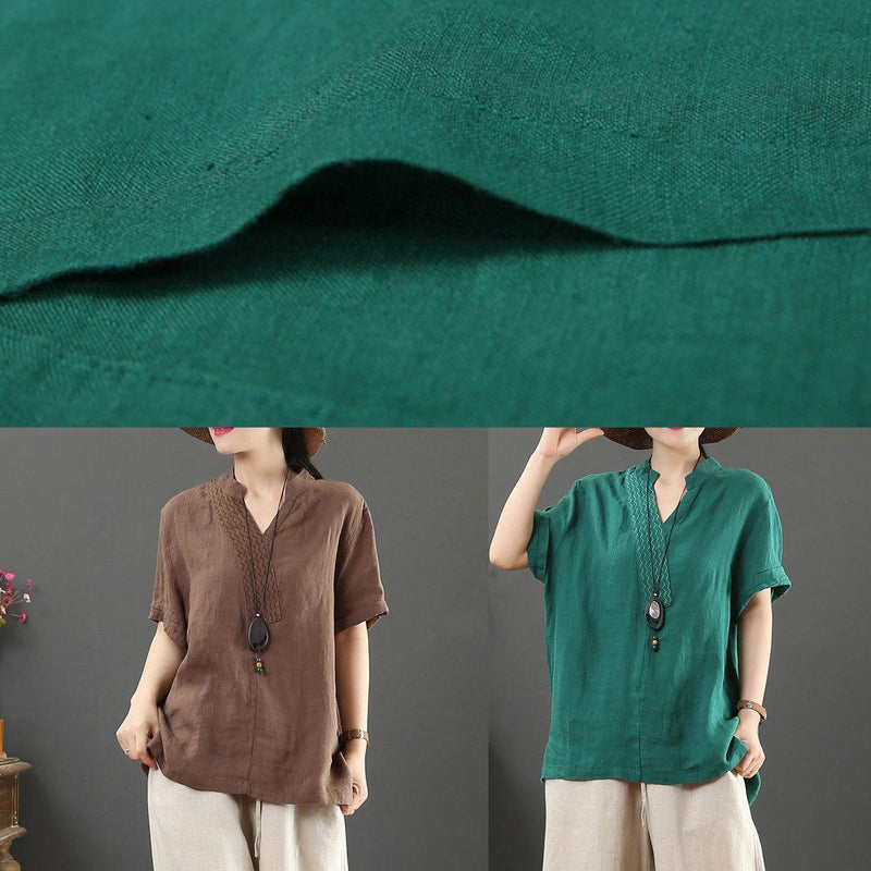 Diy V Neck Cotton Linen Summer Clothes Green Silhouette Top