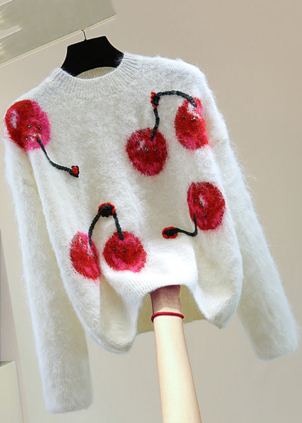 Organic White Embroidered Nail Bead Cotton Knit Sweaterswinter