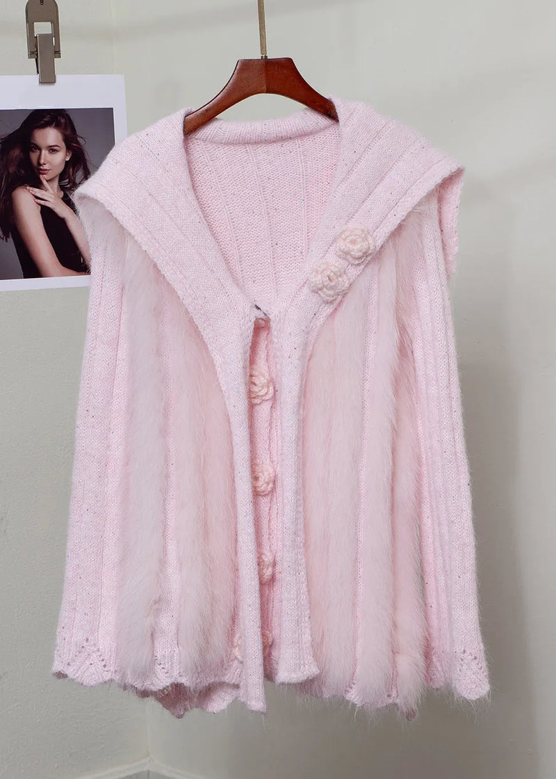 Pink Fox Fur Button Patchwork Knit Sweater