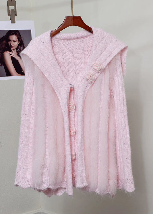 Pink Fox Fur Button Patchwork Knit Sweater