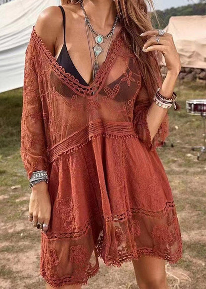 Stylish Yellow V Neck Lace Embroidered Cotton Mid Dress Summer