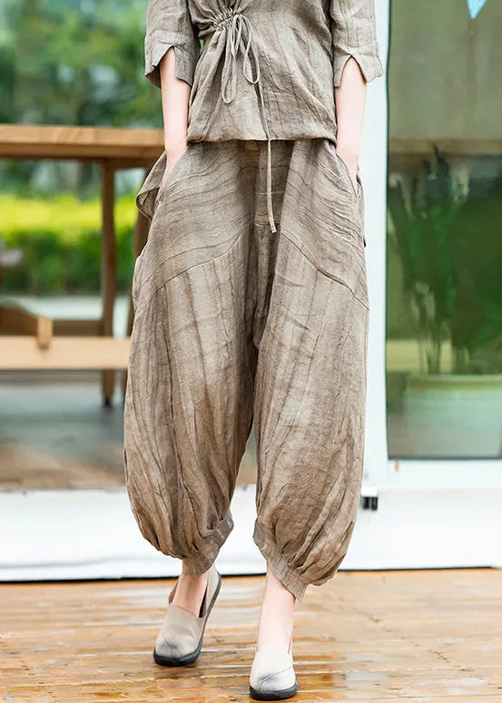 Loose Coffee Pockets Elastic Waist Linen Lantern Pants Summer