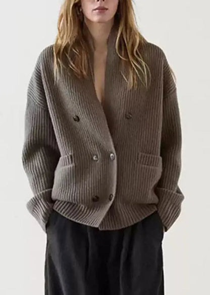 Modern Brown Notched Patchwork Knit Cardigans Fall