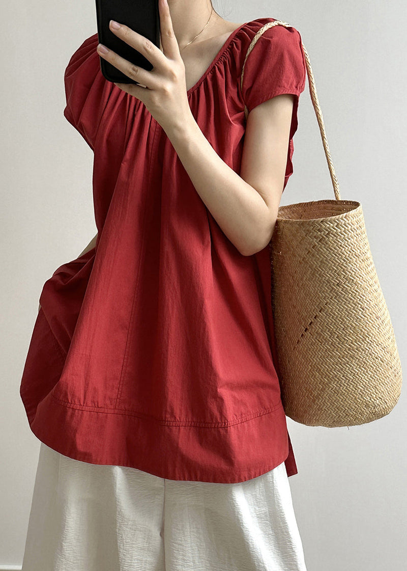 Red O Neck Lace Up Loose Cotton Top Summer