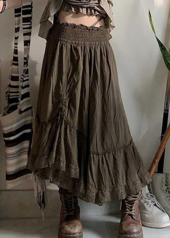 Army Green Ruffled Cinched Elastic Waist Cotton Skirts Fall