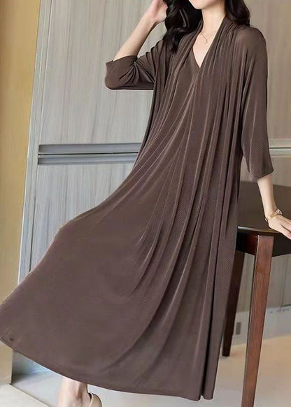 Coffee V Neck Patchwork False Two Pieces Silk Long Dress Spring