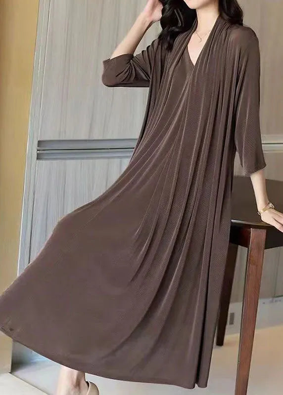 Coffee V Neck Patchwork False Two Pieces Silk Long Dress Spring