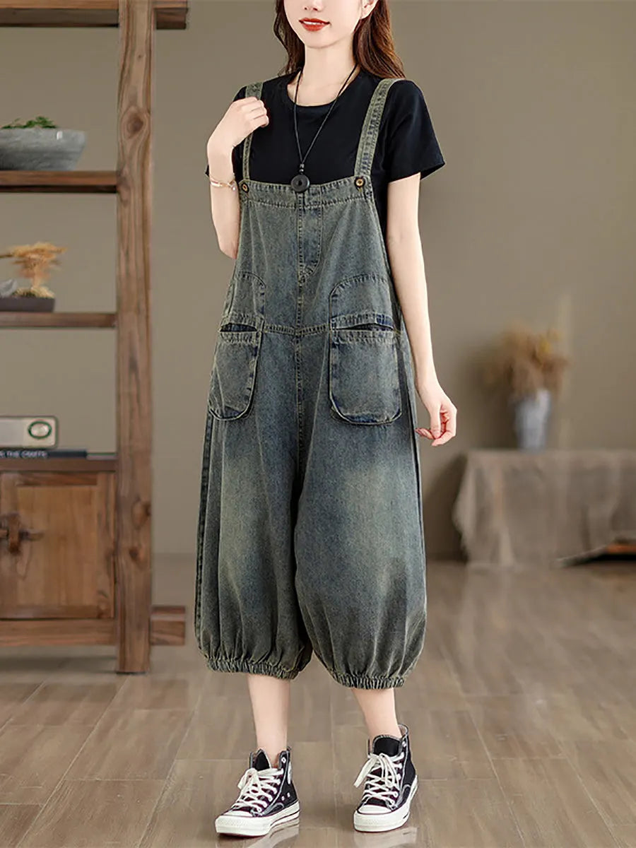 Retro Summer Pocket Denim Jumpsuits