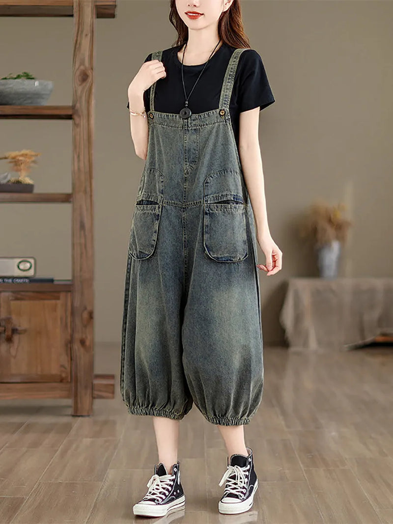 Retro Summer Pocket Denim Jumpsuits