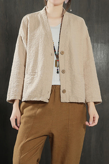 V-neck Cotton & Linen Thin Long-sleeved Jacket