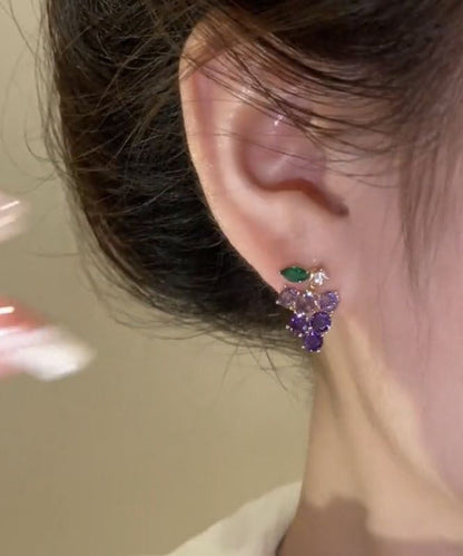 Purple Alloy Zircon Grapes Stud Earrings