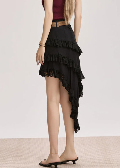 Slim Fit Black Asymmetrical Lace Patchwork Cotton Skirt Summer