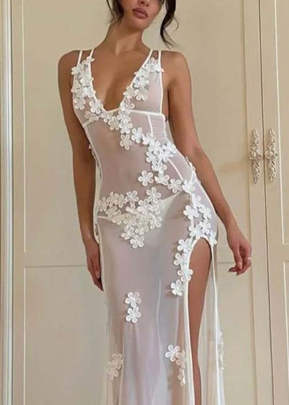 White Strapless Bikini Flower Side Open Long Swimwear Dresses