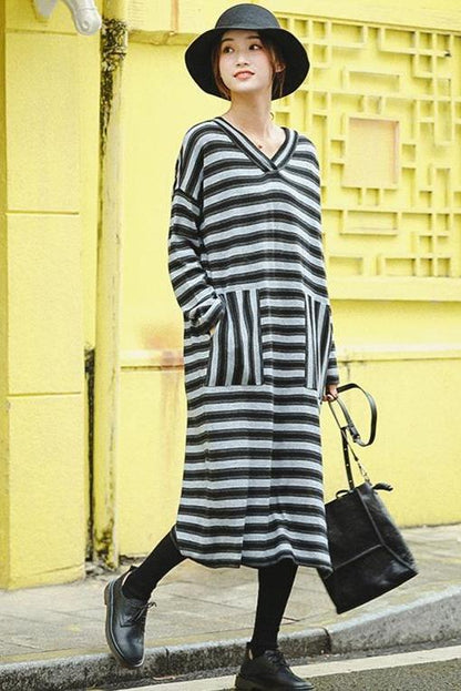 Gray Striped Loose Sweater Dresses for Winter
