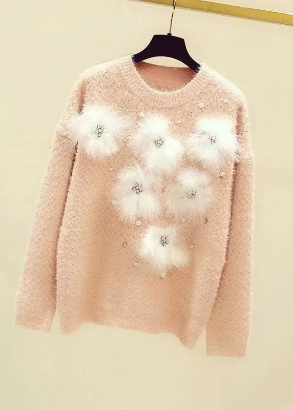 Blue O-neck Zircon Mink Hair Patchwork Thick Cotton Knit Sweater Winter