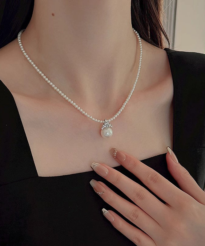 White Alloy Zircon Pearl Pendant Necklace