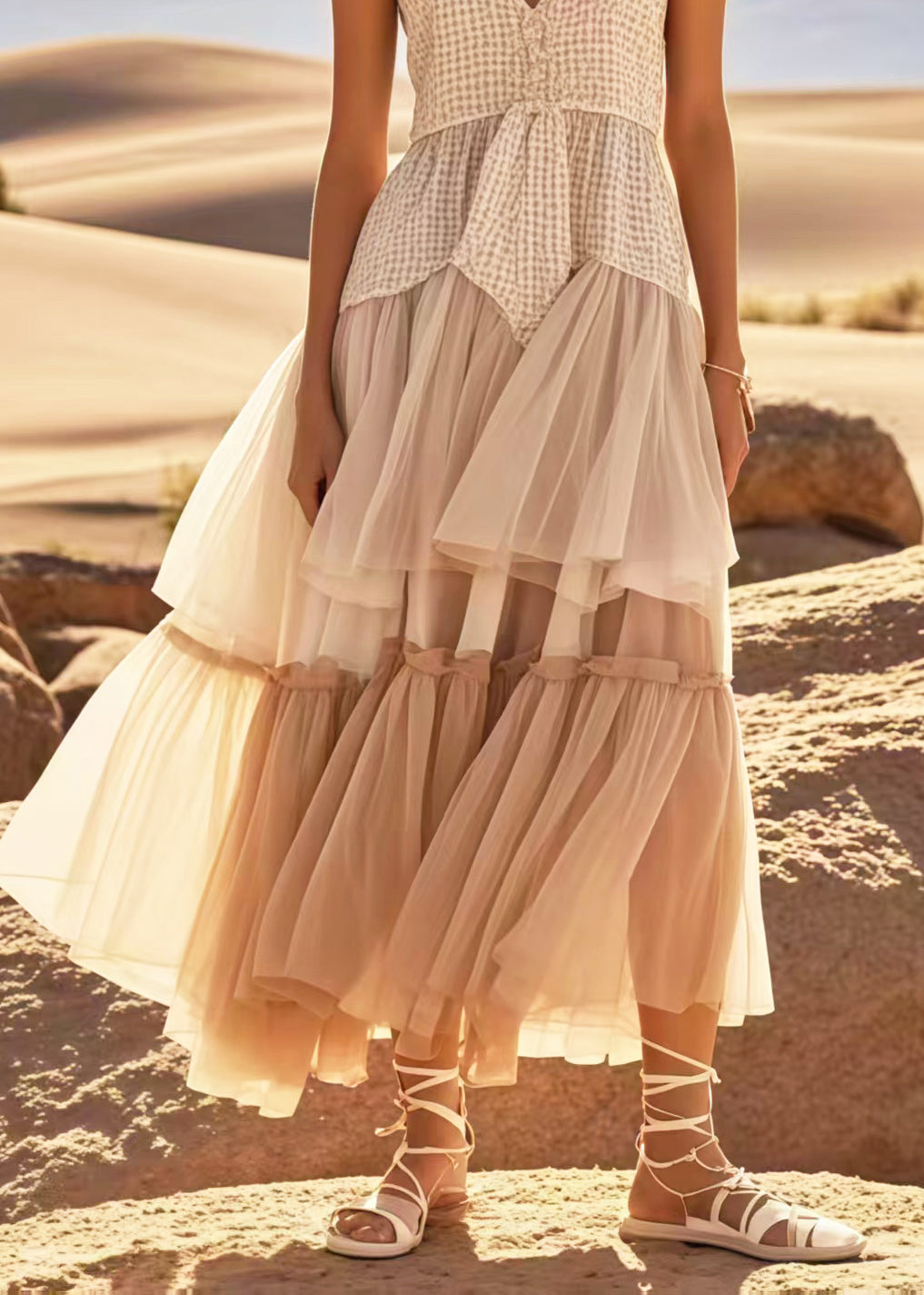 Apricot Exra Large Hem Patchwork Tulle Sundress Summer