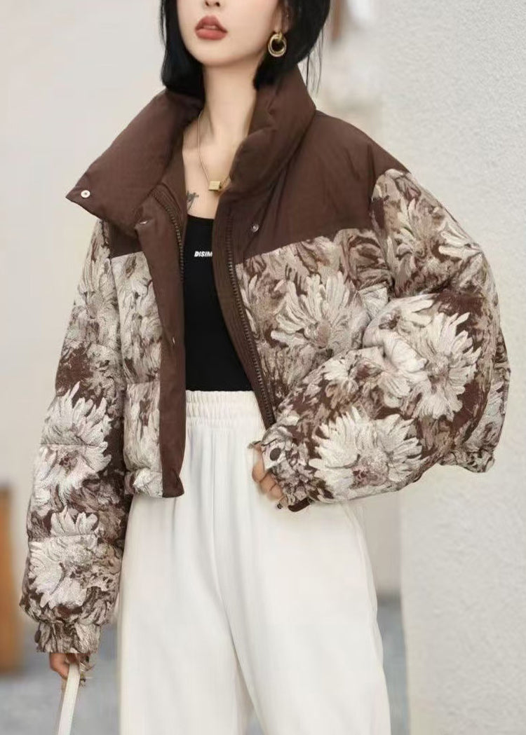 Coffee Print Drawstring Duck Down Puffers Coats Winter