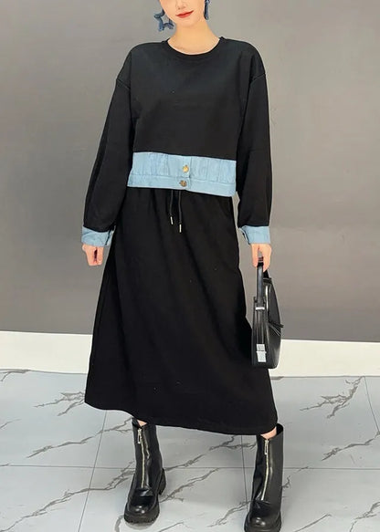 Black O-neck Denim Patchwork Pockets Maxi Dresses Spring